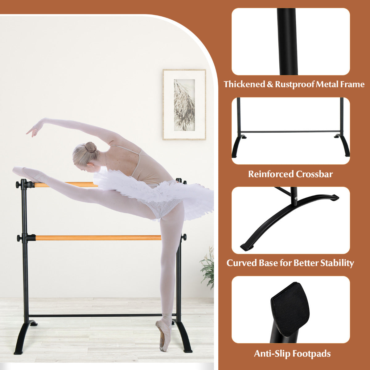 LIVSK Vrijstaande Balletbarre - Verstelbaar in 4 Hoogtes - Duurzaam Beukenhout en Metaal - Antislip - 121 x 75 x 121,5 cm - Zwart