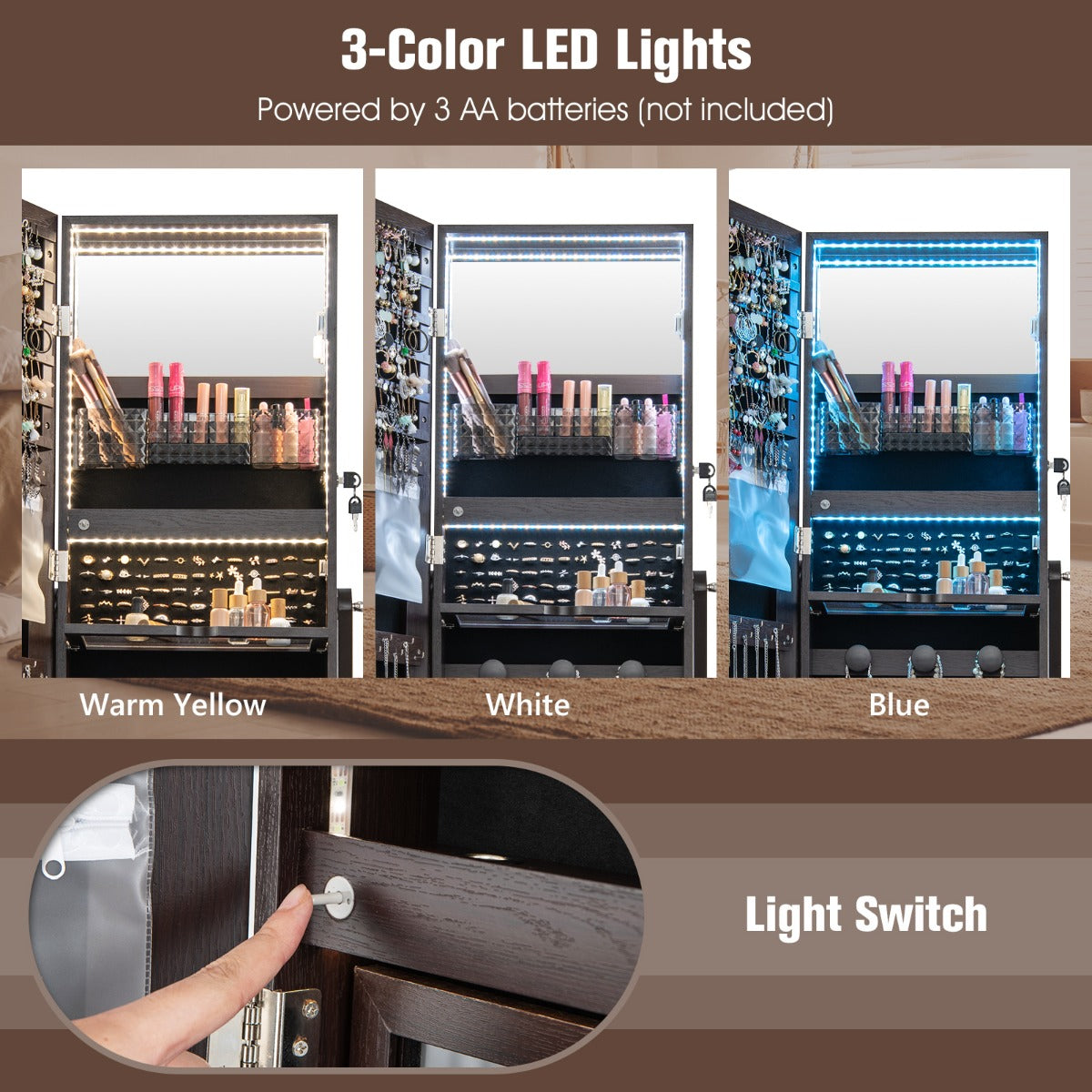 LIVSK 3-in-1 Juwelenkast met LED-verlichting - Passpiegel en Kaptafel - Verstelbare Spiegel - Mobiel met Wielen - Bruin