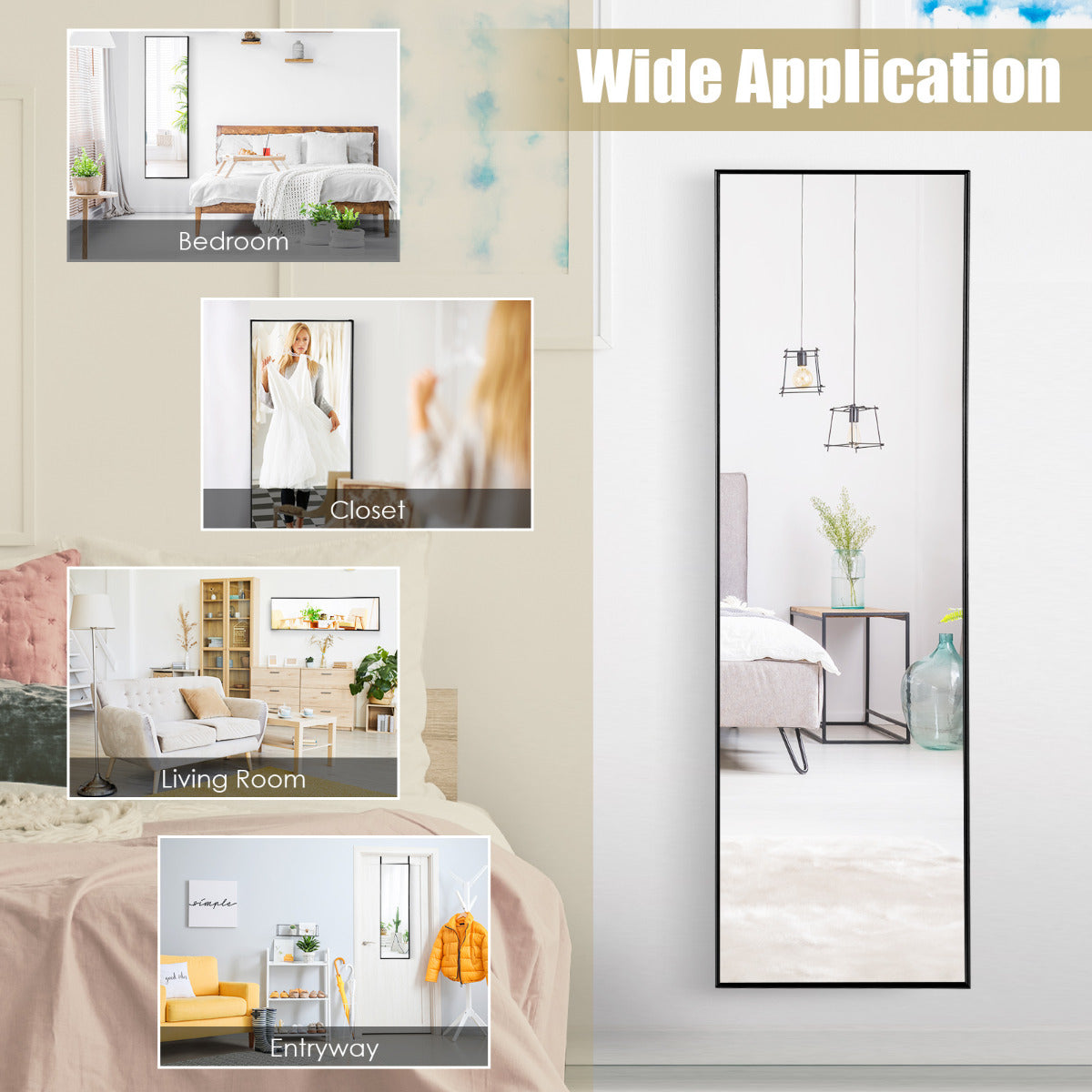 LIVSK Wandspiegel - Aluminiumlegering Frame - 2 Ophangmogelijkheden - HD Spiegel - 120 x 37 x 2 cm - Zwart