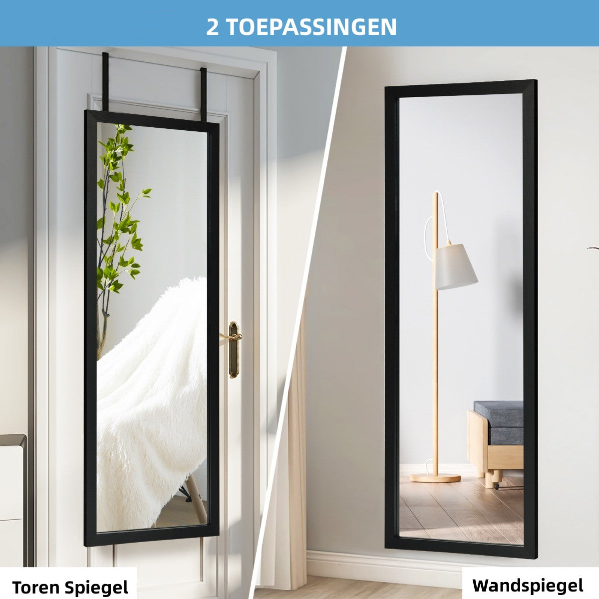 LIVSK Wand- en Deurhangspiegel 120 x 37 cm - Robuust MDF-frame - Breukvast Glas - Ruimtebesparend - Zwart