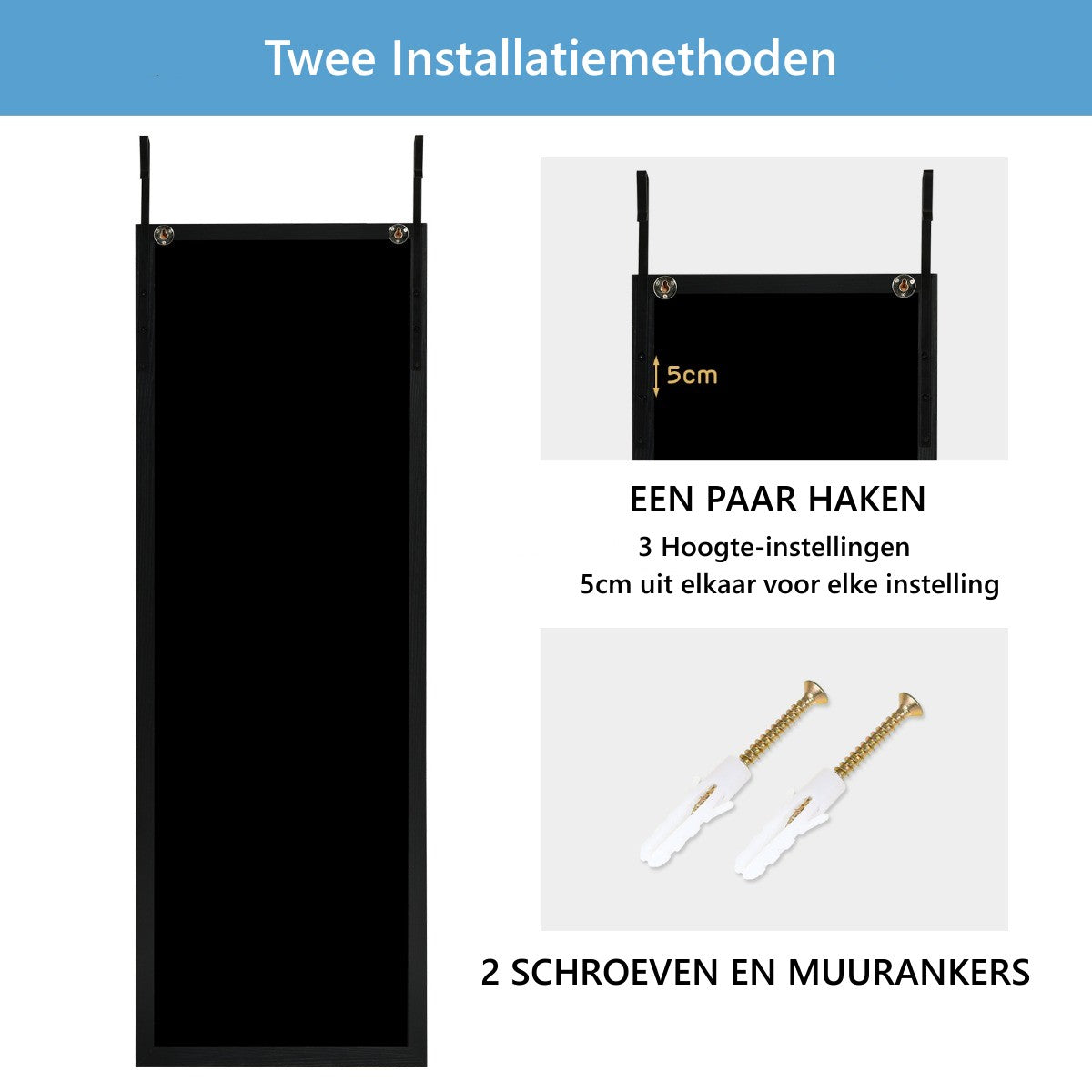 LIVSK Wand- en Deurhangspiegel 120 x 37 cm - Robuust MDF-frame - Breukvast Glas - Ruimtebesparend - Zwart
