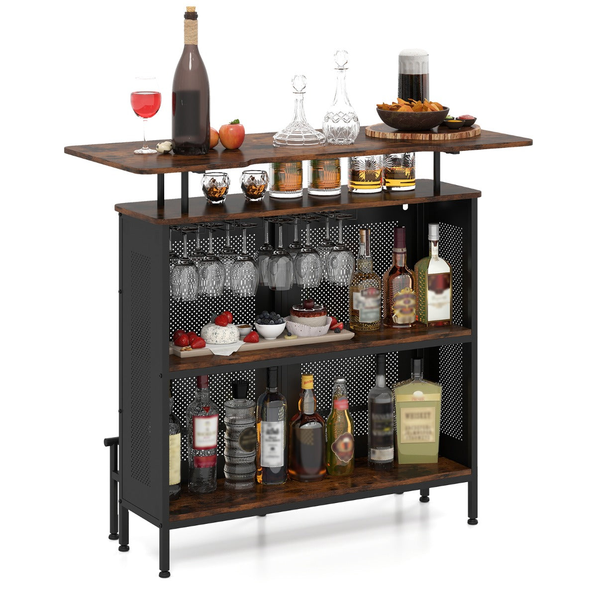 LIVSK Bartafel met Opbergruimte en Voetensteun - 4-traps Opbergsysteem - Verstelbare Poten - 120 x 50 x 106,5 cm - Zwart/Bruin