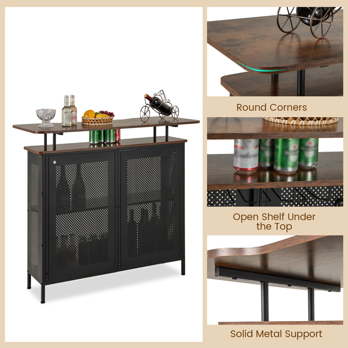 LIVSK Bartafel met Opbergruimte en Voetensteun - 4-traps Opbergsysteem - Verstelbare Poten - 120 x 50 x 106,5 cm - Zwart/Bruin