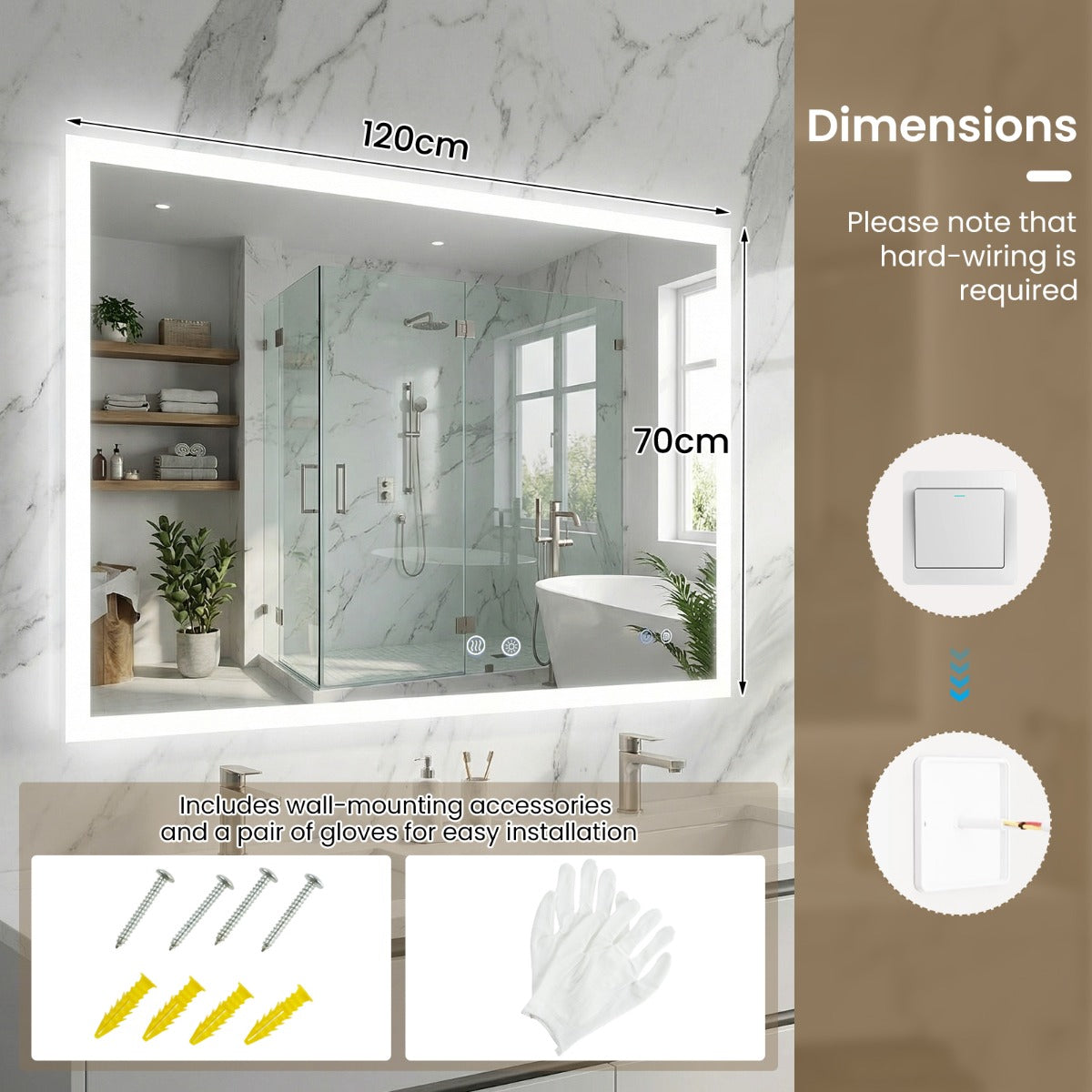 Livsk costway 120 x 70 cm led badkamerspiegel rechthoekige wandspiegel met anticondens 3 lichtkleuren traploos dimbaar touchbediening 1 1