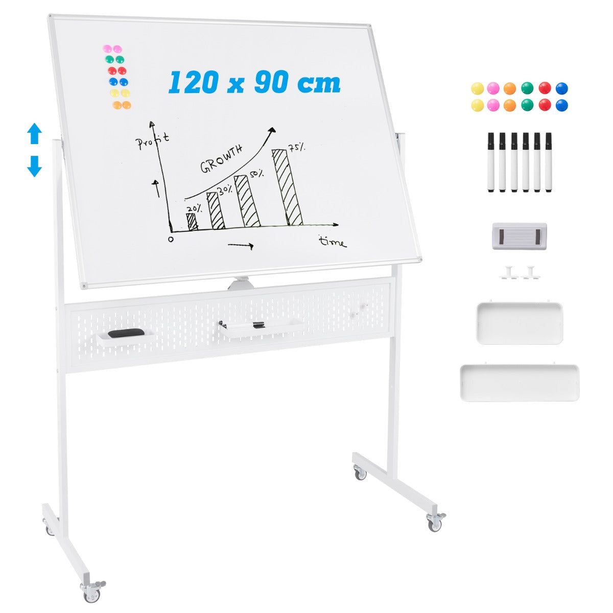 LIVSK Dubbelzijdig Magnetisch Whiteboard 120 x 90 cm - In hoogte verstelbaar - Mobiel met Vergrendelbare Wielen - Accessoires