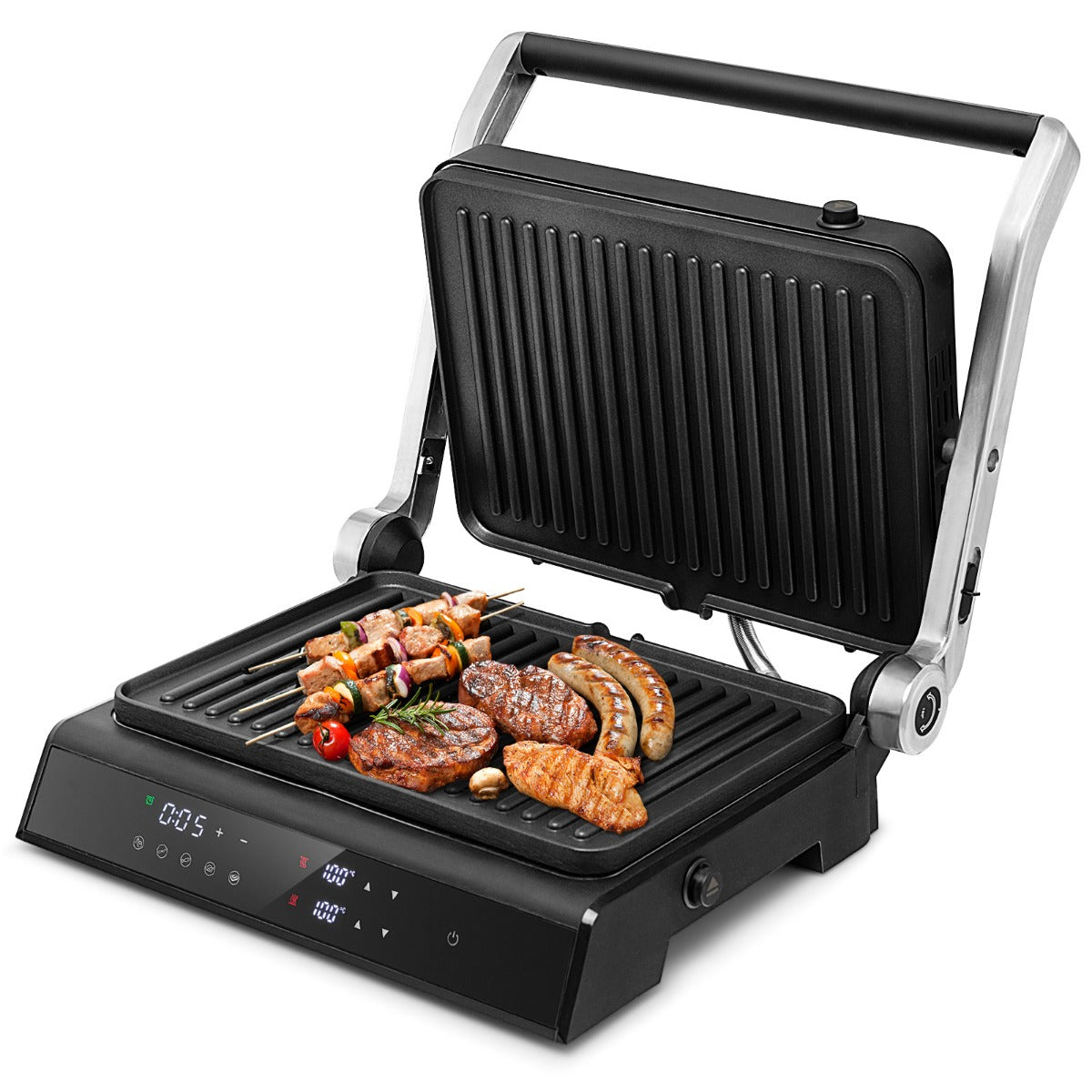 LIVSK 3-in-1 Elektrische Grill - 2 Grote Grillplaten - 180° Verstelbaar Deksel - LED-Touchpaneel - 5 Kookmodi - Zwart