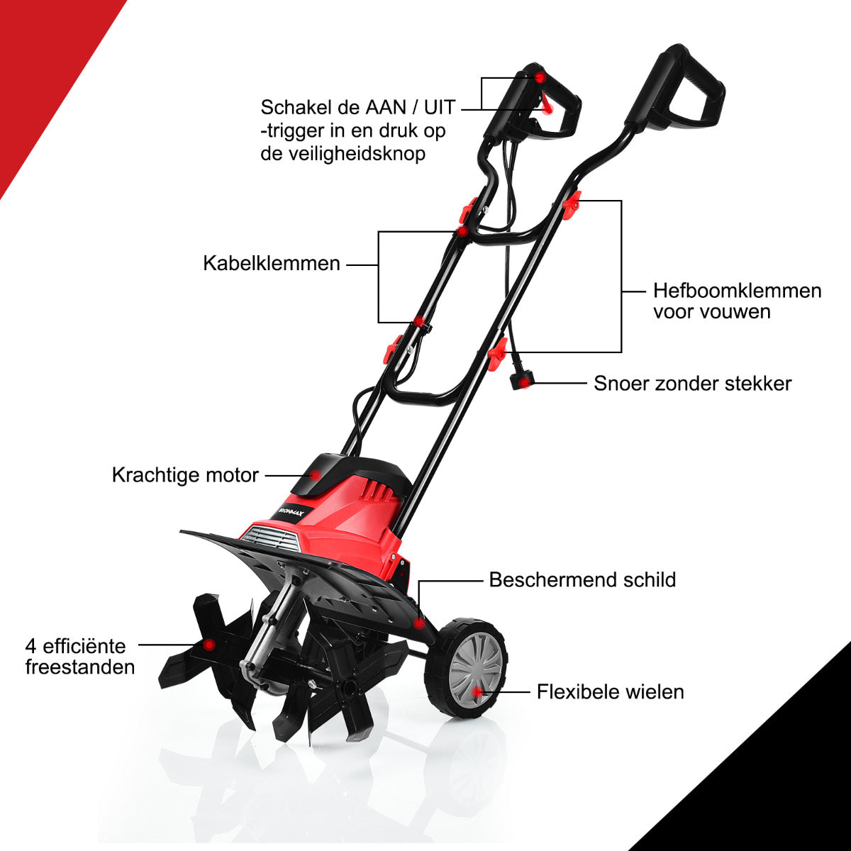 LIVSK Elektrische Helmstok Cultivator - 10A Motor - 4 Messen - 22 cm Werkdiepte - 35 cm Werkbreedte - Opvouwbaar - Rood + Zwart
