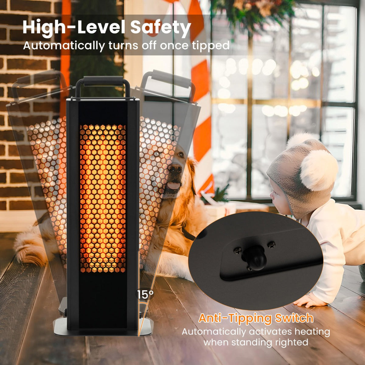 LIVSK Dubbelzijdige Terrasverwarmer - 1200W Infrarood met Koolstofvezel Buis - Waterdicht - Veilig - Aluminium - Zwart