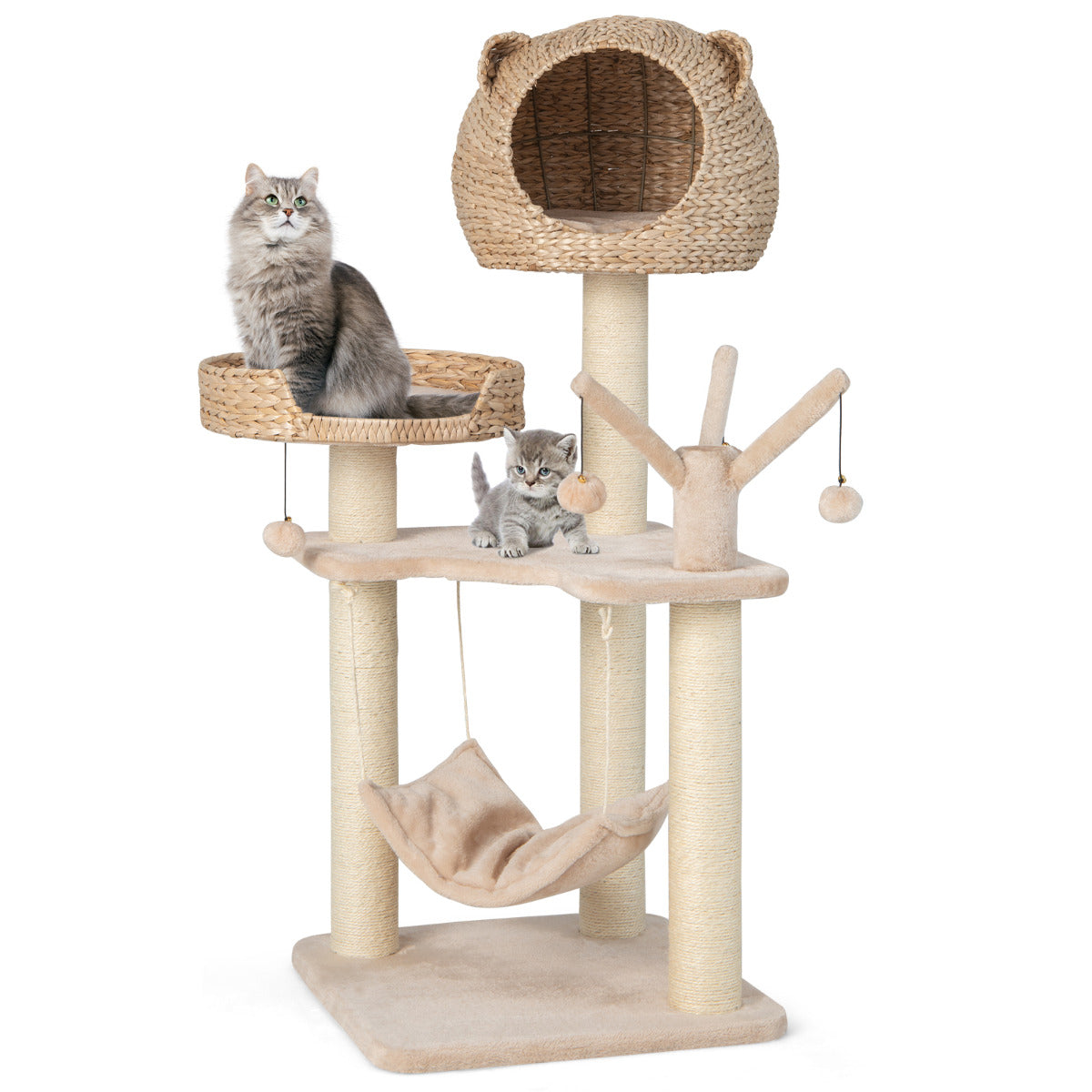 LIVSK Multifunctionele Krabpaal voor Huiskatten - 5 Niveaus met Hangmat, Klimballen, Kattenbed - Natuurlijk Buiszuiger - 121 cm -