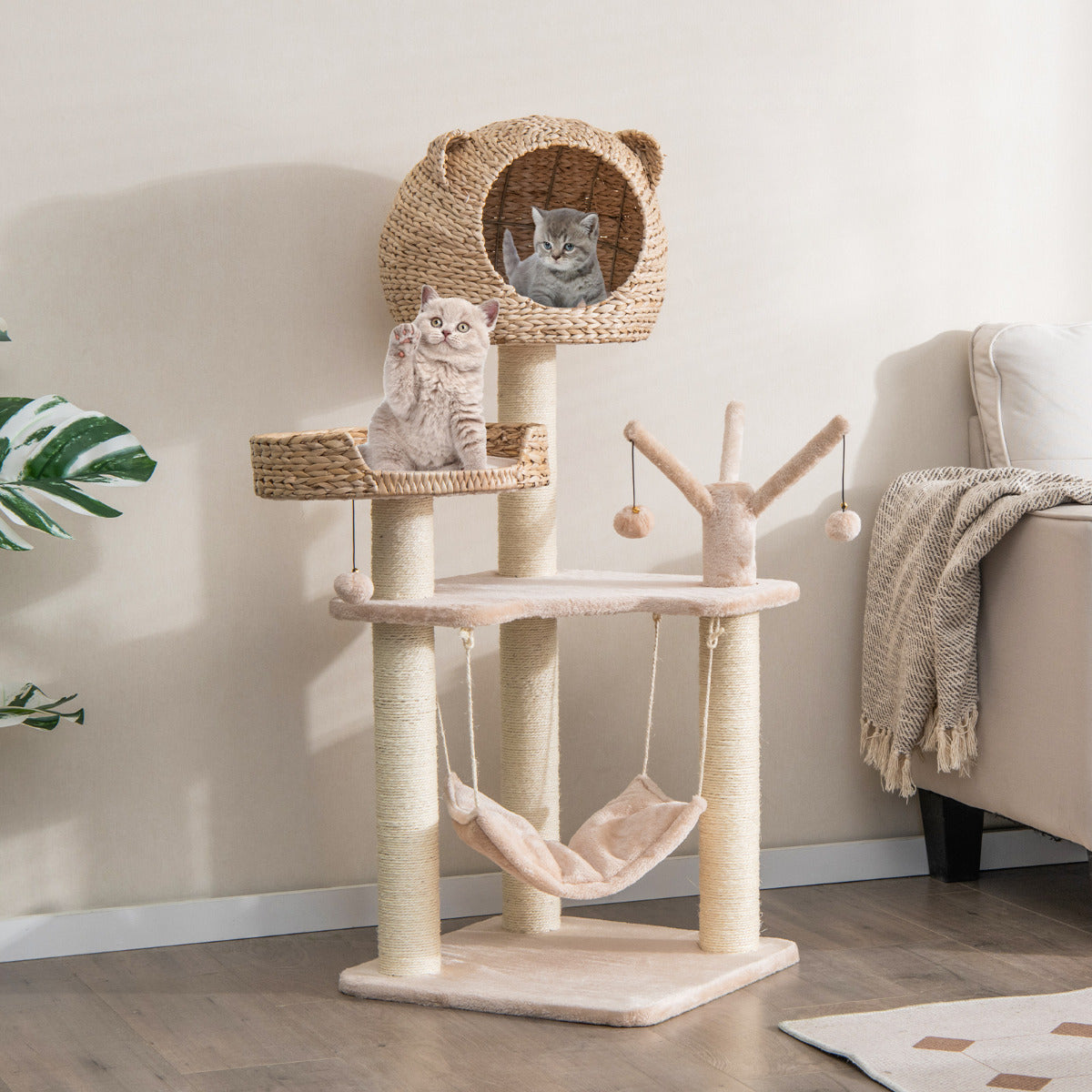 LIVSK Multifunctionele Krabpaal voor Huiskatten - 5 Niveaus met Hangmat, Klimballen, Kattenbed - Natuurlijk Buiszuiger - 121 cm -