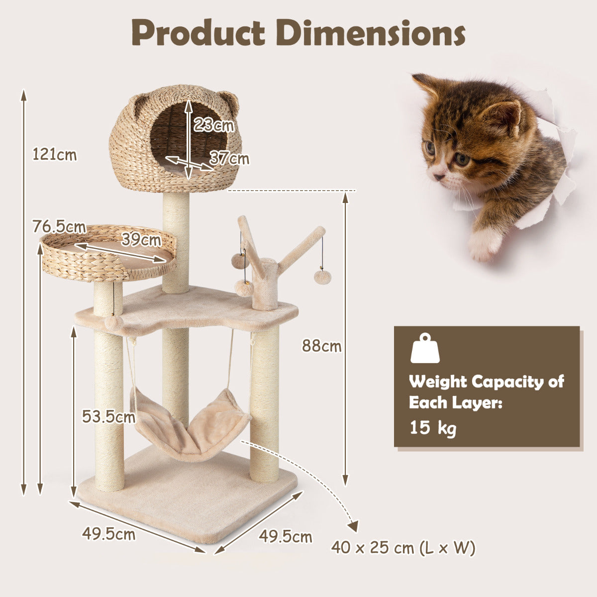 LIVSK Multifunctionele Krabpaal voor Huiskatten - 5 Niveaus met Hangmat, Klimballen, Kattenbed - Natuurlijk Buiszuiger - 121 cm -