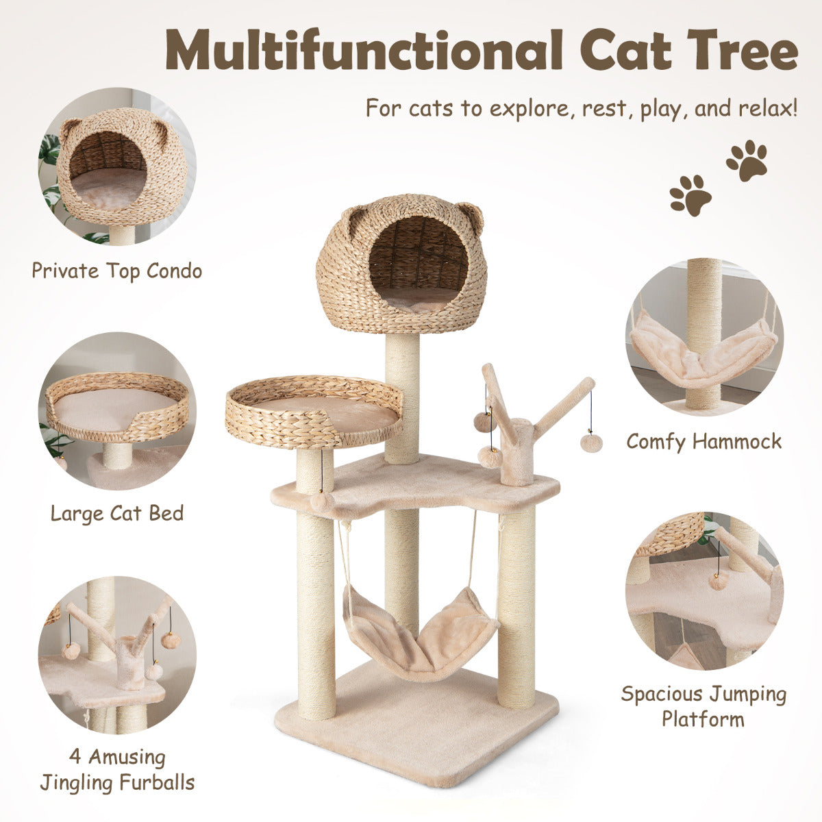 LIVSK Multifunctionele Krabpaal voor Huiskatten - 5 Niveaus met Hangmat, Klimballen, Kattenbed - Natuurlijk Buiszuiger - 121 cm -