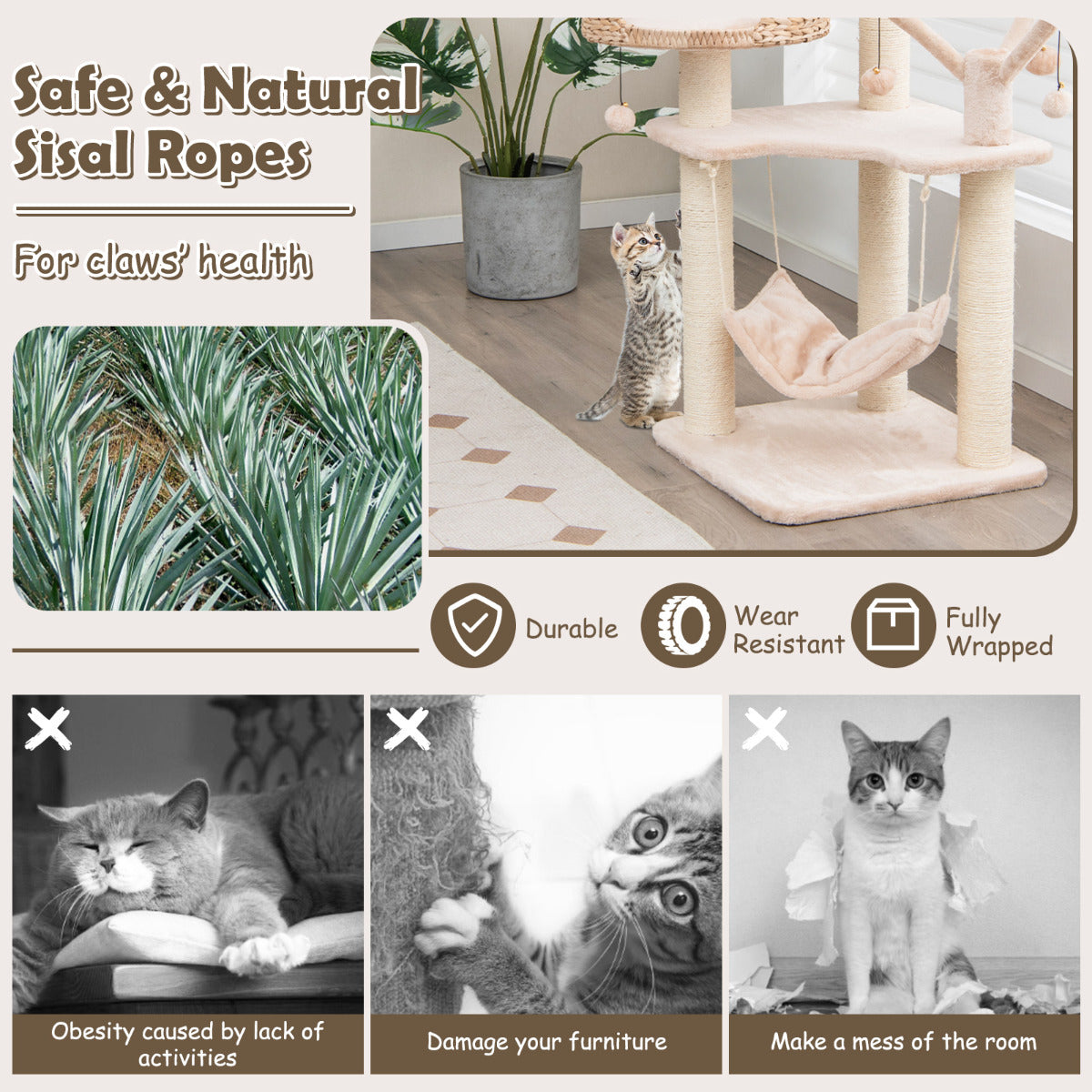LIVSK Multifunctionele Krabpaal voor Huiskatten - 5 Niveaus met Hangmat, Klimballen, Kattenbed - Natuurlijk Buiszuiger - 121 cm -