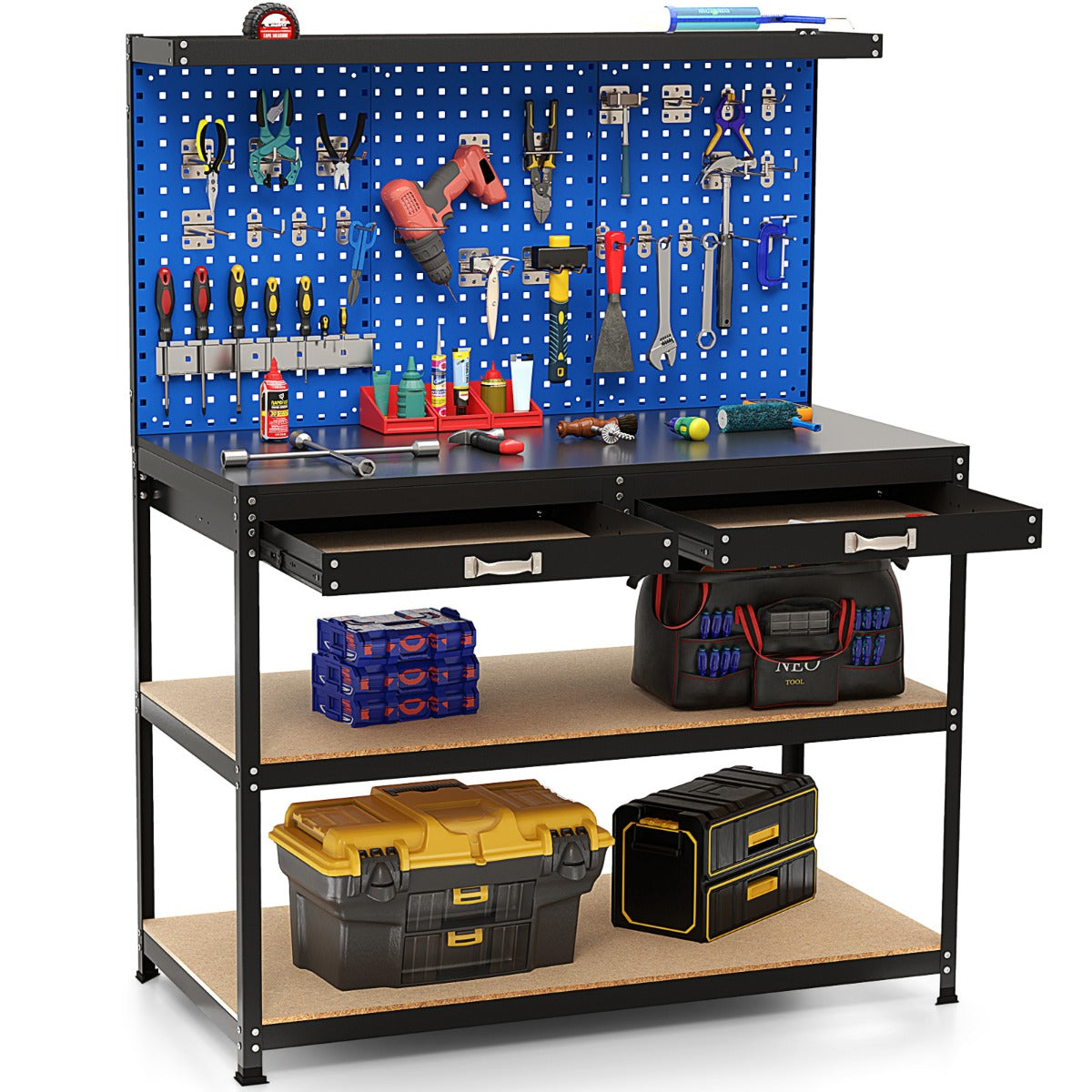 Livsk costway 121 x 61 cm 230 kg stevige metalen werktafel met 3 geperforeerde panelen 24 ophangaccessoires voor thuis garage werkplaats donkerblauw