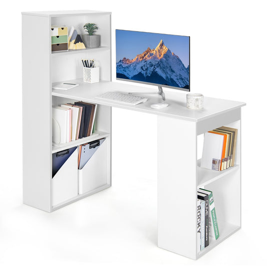 LIVSK Computerbureau met Boekenkast - 4 Niveaus Opbergruimte - Verwijderbare Plank - Duurzaam en Stabiel - 122 x 56 x 122 cm - Wit
