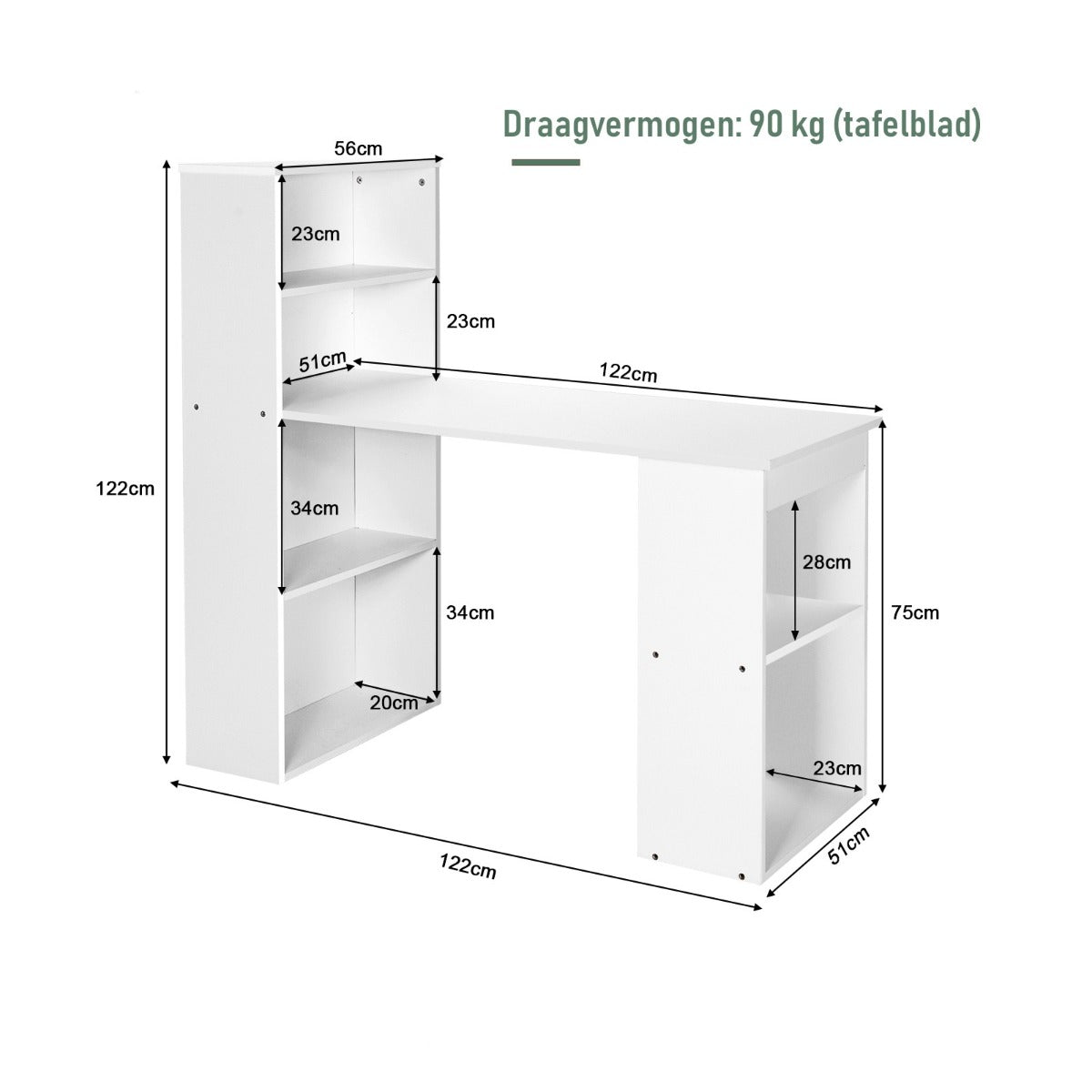 LIVSK Computerbureau met Boekenkast - 4 Niveaus Opbergruimte - Verwijderbare Plank - Duurzaam en Stabiel - 122 x 56 x 122 cm - Wit