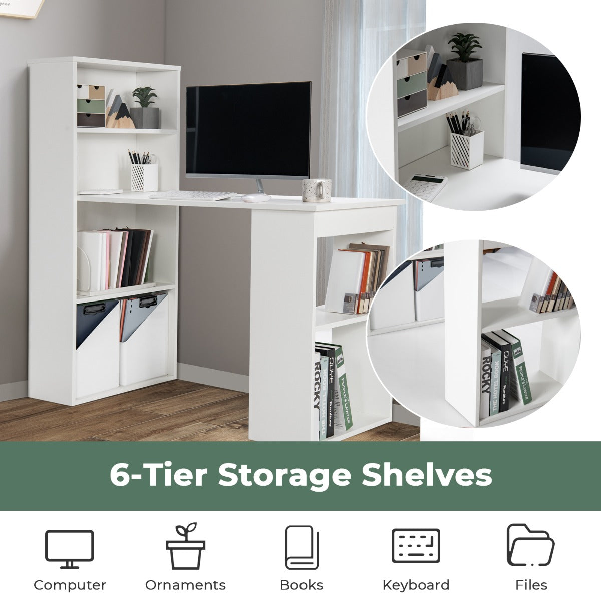 LIVSK Computerbureau met Boekenkast - 4 Niveaus Opbergruimte - Verwijderbare Plank - Duurzaam en Stabiel - 122 x 56 x 122 cm - Wit