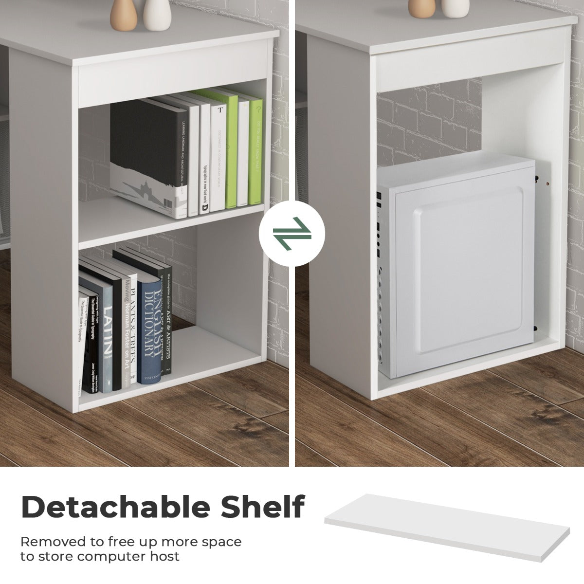 LIVSK Computerbureau met Boekenkast - 4 Niveaus Opbergruimte - Verwijderbare Plank - Duurzaam en Stabiel - 122 x 56 x 122 cm - Wit
