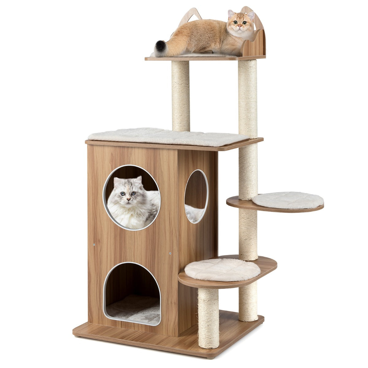Livsk costway 122 cm hoge krabpaal van hout kattenboom met 2 verdiepingen tellende kattenhol uitkijkplatform bovenin en sisal krabpalen 1 1