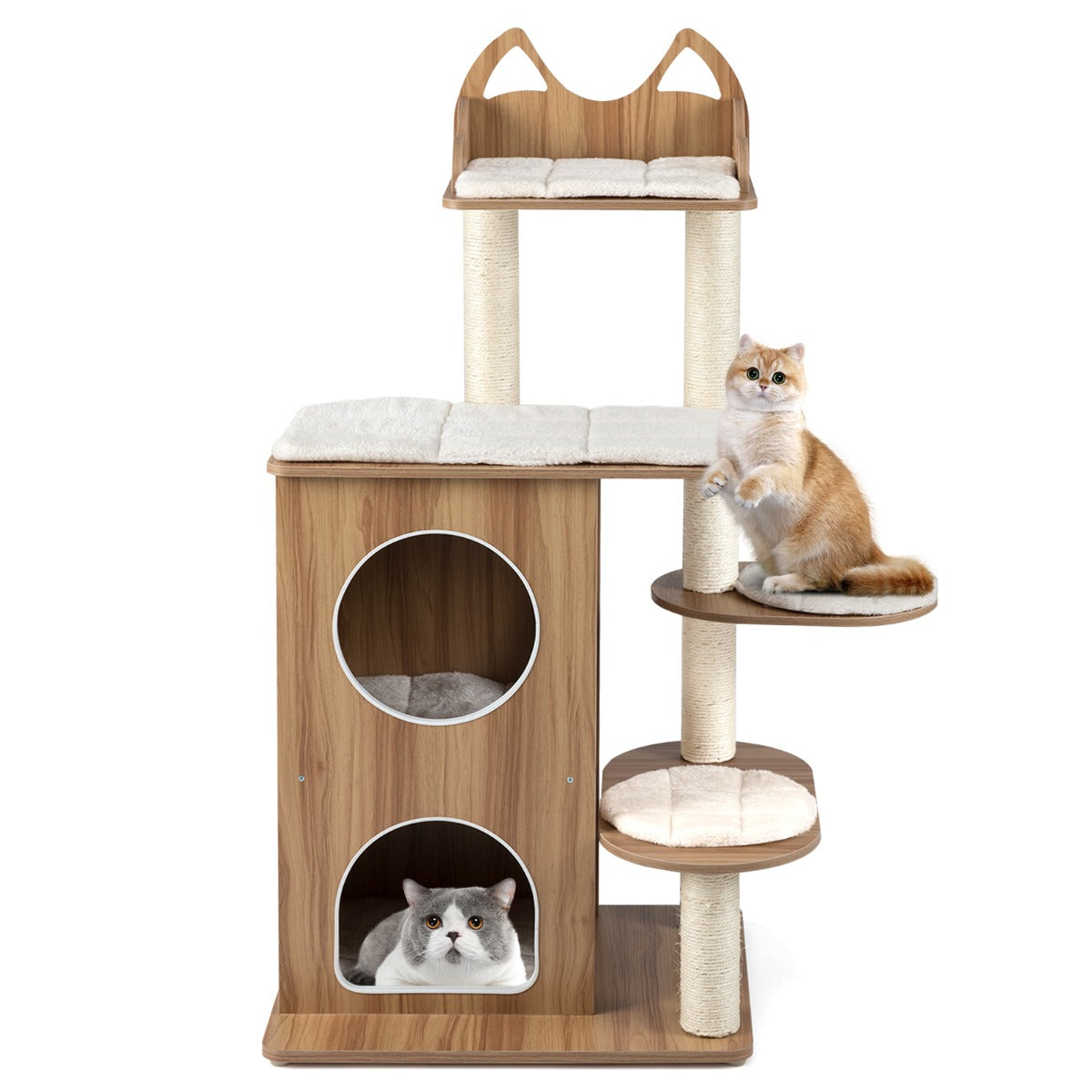 Livsk costway 122 cm hoge krabpaal van hout kattenboom met 2 verdiepingen tellende kattenhol uitkijkplatform bovenin en sisal krabpalen