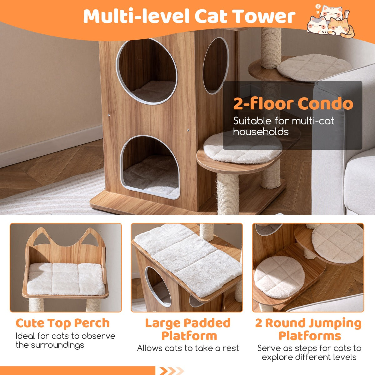 Livsk costway 122 cm hoge krabpaal van hout kattenboom met 2 verdiepingen tellende kattenhol uitkijkplatform bovenin en sisal krabpalen 4