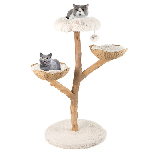 LIVSK Krabpaal met Bloemenplatform - Massief Hout - 122 cm Hoog - Gevlochten Manden met Kussens - Speels en Comfortabel - Wit