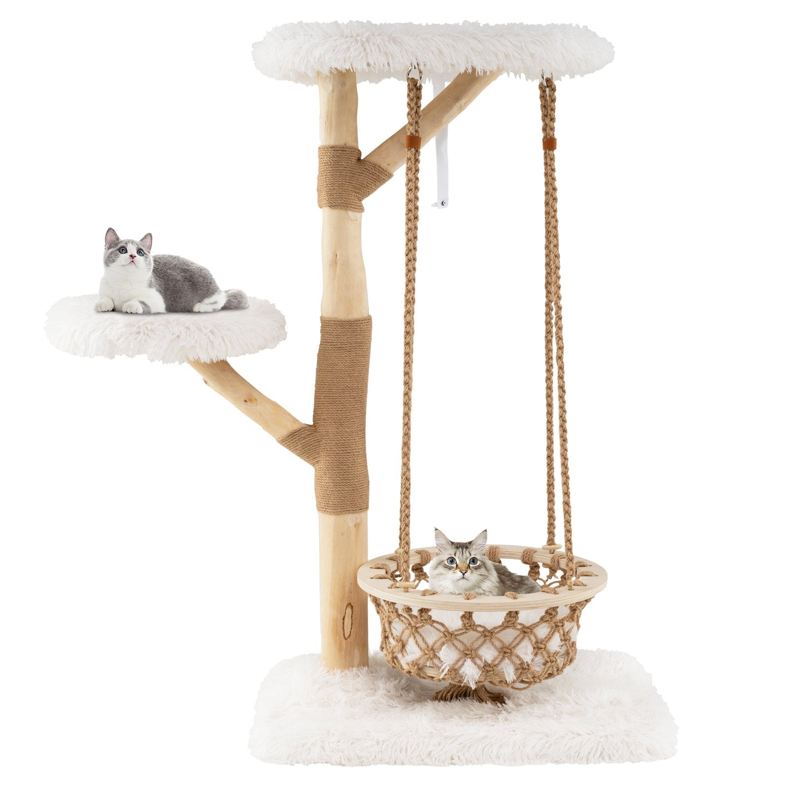LIVSK Kattenhangmat met Hangmand en Klimtoren - Duurzaam Henneptouw - Massief Perenhout - Anti-kantel - 70 x 50 x 123 cm -