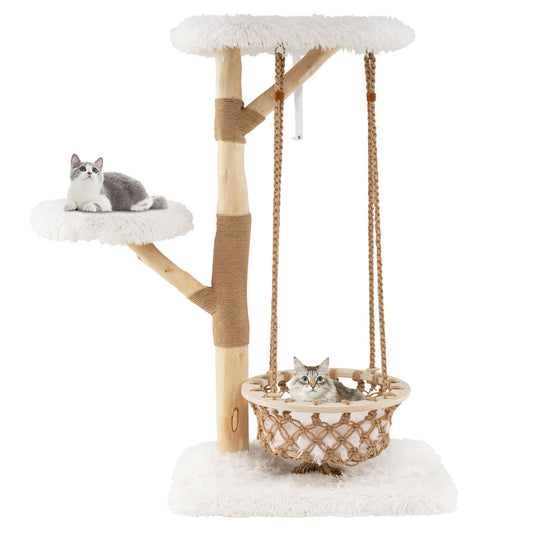 LIVSK Kattenhangmat met Hangmand en Klimtoren - Duurzaam Henneptouw - Massief Perenhout - Anti-kantel - 70 x 50 x 123 cm -
