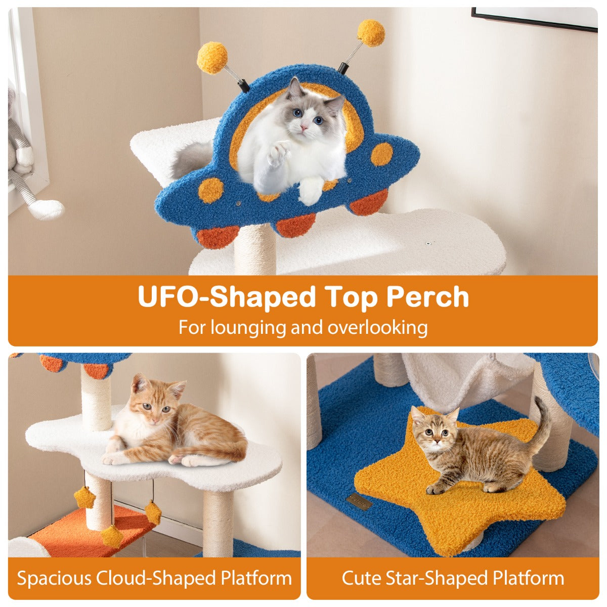 LIVSK Ruimtethema Kattenboom - 7 Niveaus met UFO-Zitstok en Sterrenplatforms - Krabpalen en Speelballen - 58 x 45 x 124 cm - Blauw
