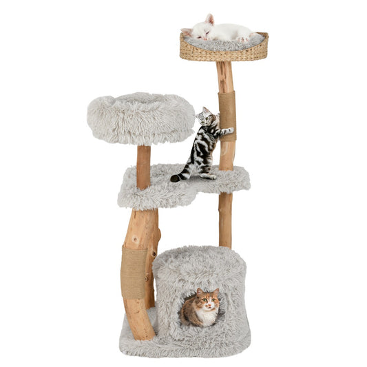 LIVSK Luxe Houten Kattenkrabpaal - 5 Niveaus - Zitplatform - Kattengrot - Duurzaam en Stevig - 48 x 48 x 124 cm - Naturel + Grijs
