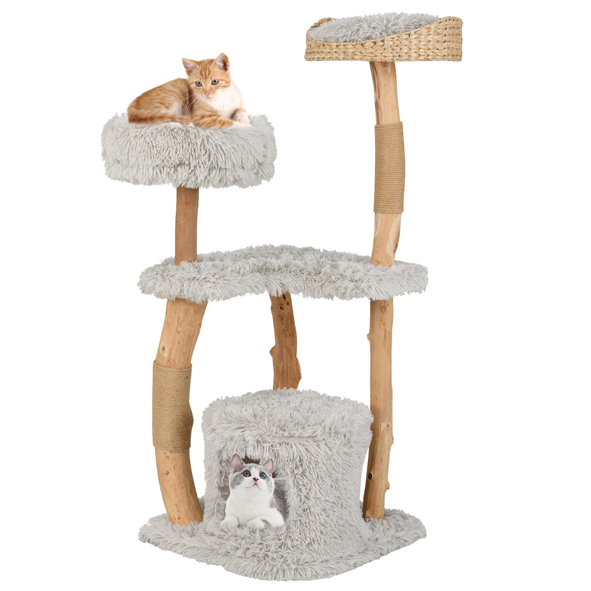 LIVSK Luxe Houten Kattenkrabpaal - 5 Niveaus - Zitplatform - Kattengrot - Duurzaam en Stevig - 48 x 48 x 124 cm - Naturel + Grijs