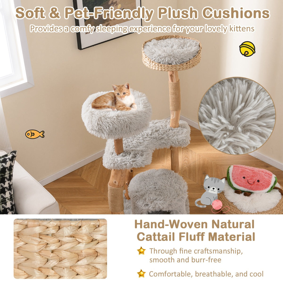 LIVSK Luxe Houten Kattenkrabpaal - 5 Niveaus - Zitplatform - Kattengrot - Duurzaam en Stevig - 48 x 48 x 124 cm - Naturel + Grijs