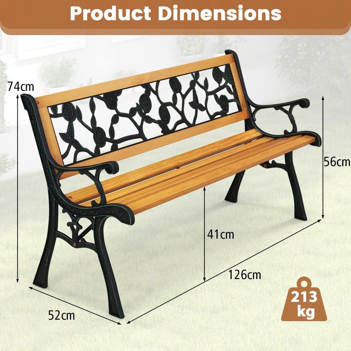 LIVSK Ergonomische Tuinbank voor 3 Personen - Stevig Metalen Frame - Duurzame Houten Zitting - Elegant Design - 126 x 52 x 74 cm