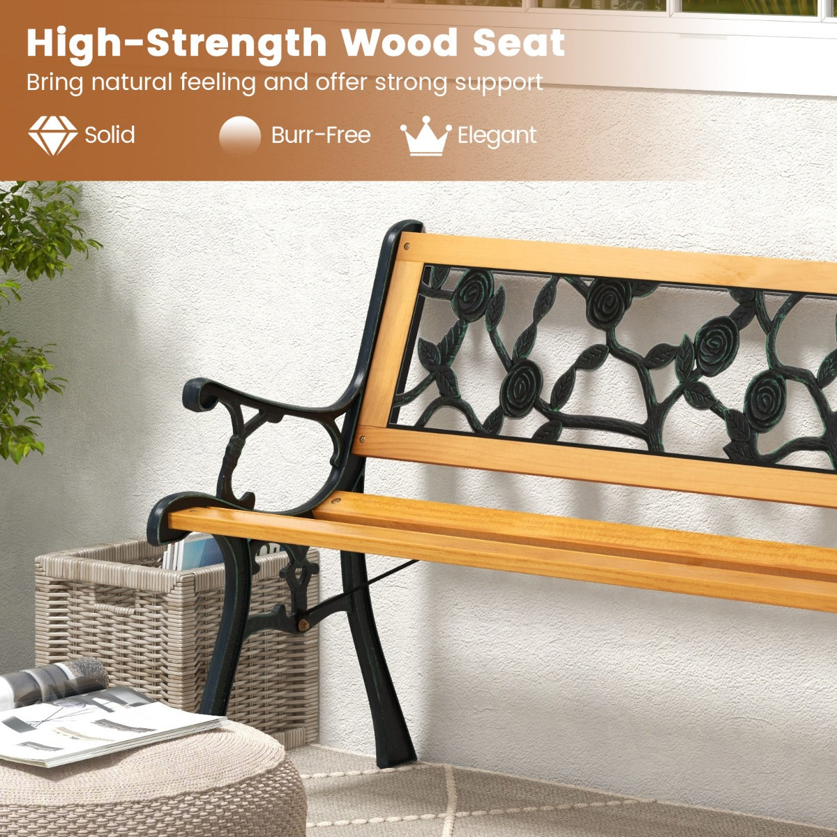 LIVSK Ergonomische Tuinbank voor 3 Personen - Stevig Metalen Frame - Duurzame Houten Zitting - Elegant Design - 126 x 52 x 74 cm