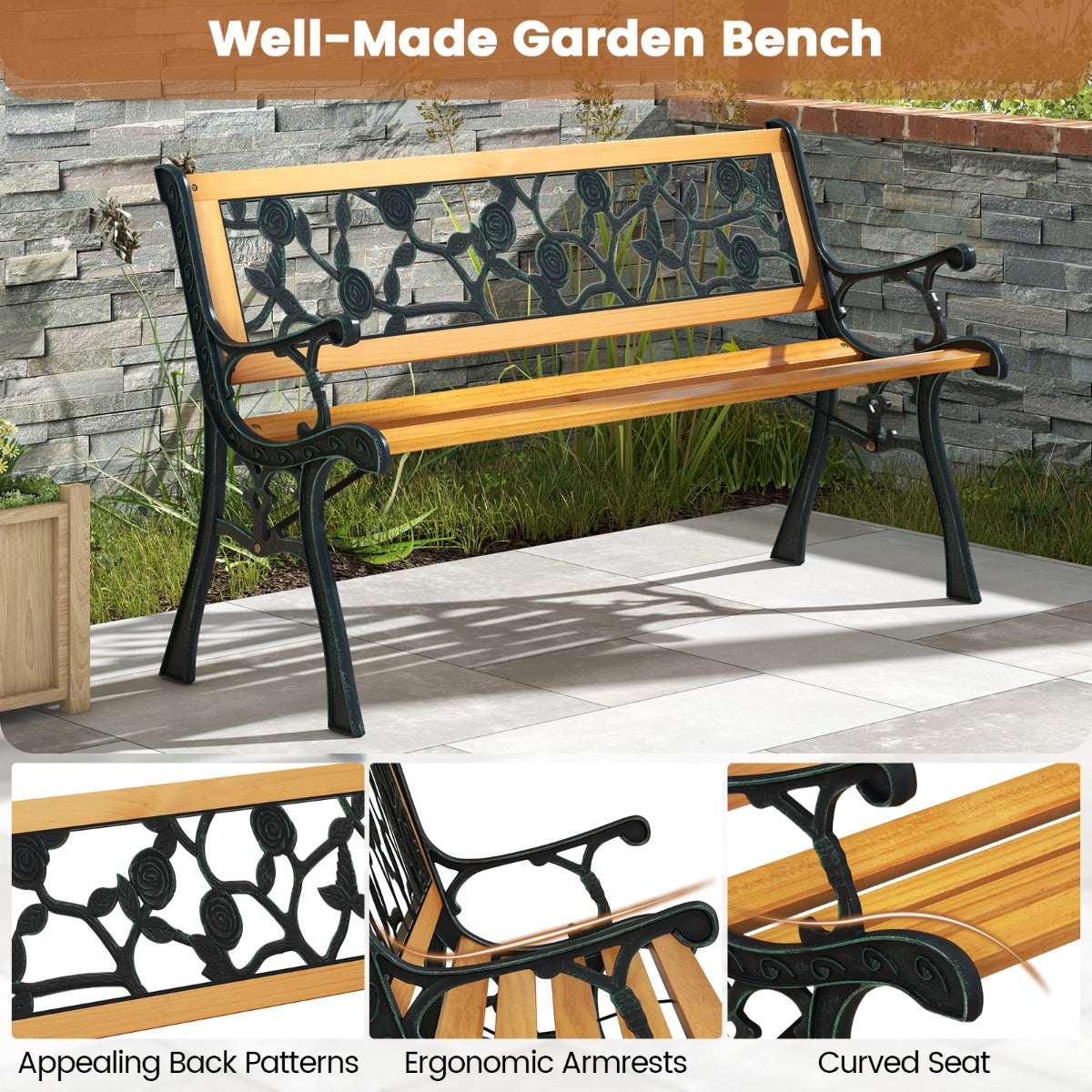 LIVSK Ergonomische Tuinbank voor 3 Personen - Stevig Metalen Frame - Duurzame Houten Zitting - Elegant Design - 126 x 52 x 74 cm