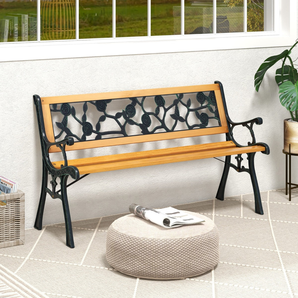 LIVSK Ergonomische Tuinbank voor 3 Personen - Stevig Metalen Frame - Duurzame Houten Zitting - Elegant Design - 126 x 52 x 74 cm