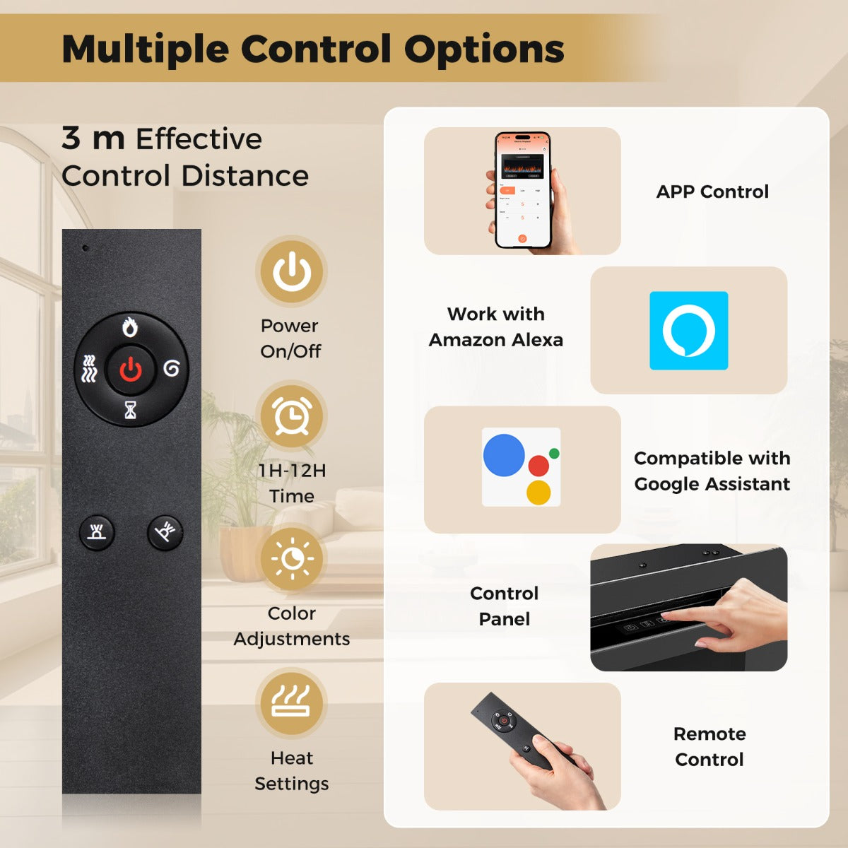 Livsk costway 127 cm elektrische open haard compatibel met alexa en google assistant verwarming 750 w 1500 w met afstandsbediening app 2