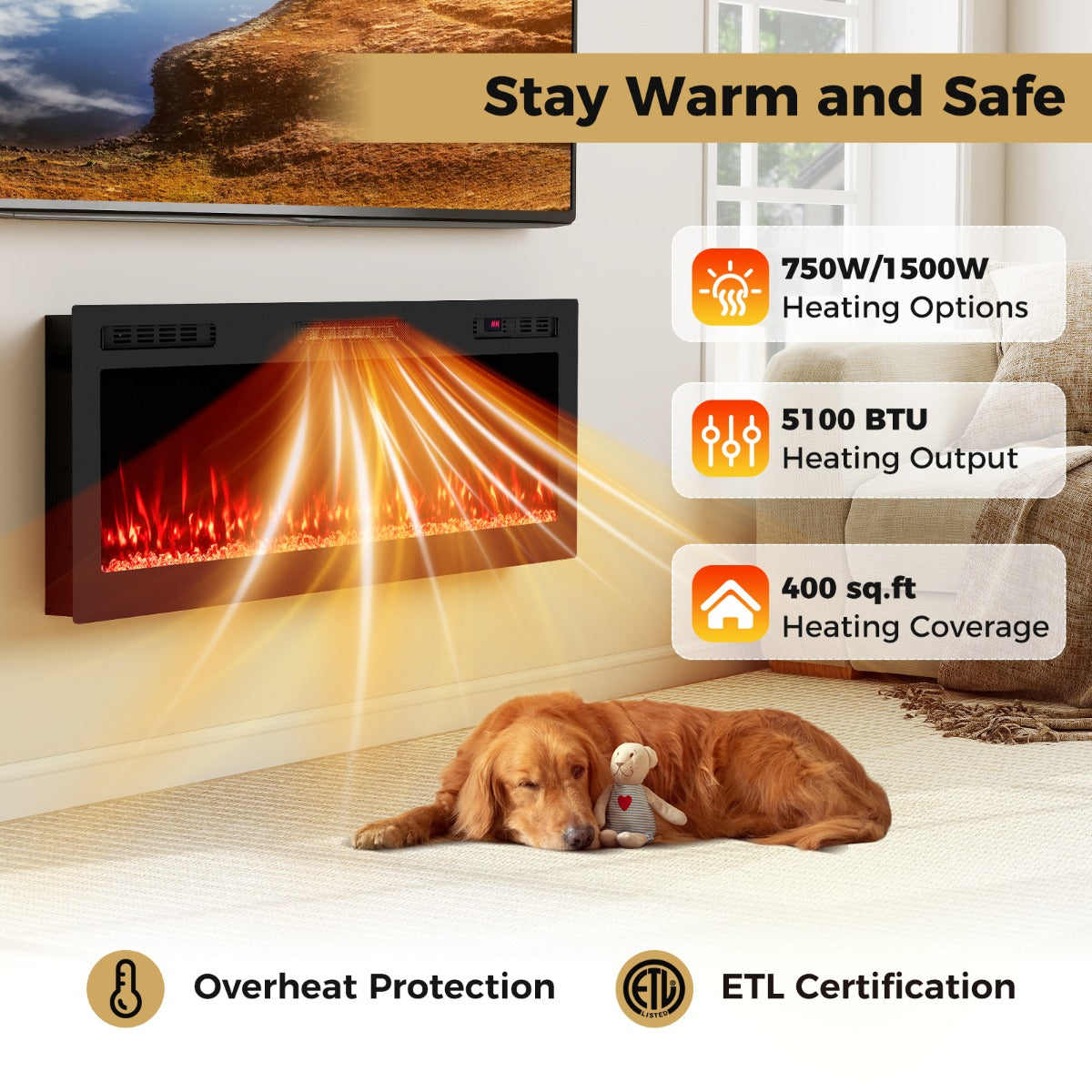 Livsk costway 127 cm elektrische open haard compatibel met alexa en google assistant verwarming 750 w 1500 w met afstandsbediening app 3