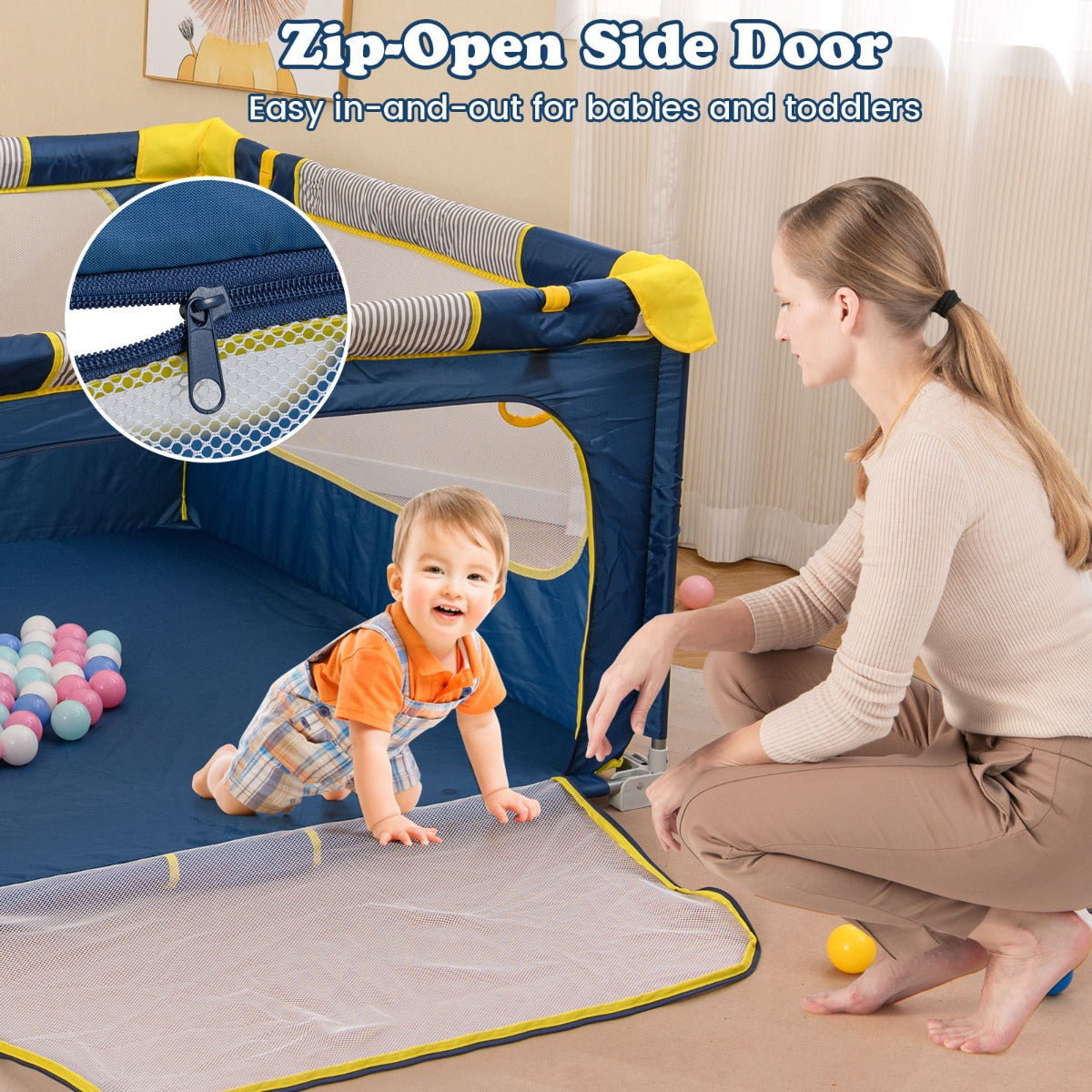 Livsk costway 127 x 127 x 725 cm opvouwbaar babylooprek met 50 ballen 4 handvatten ritsdeur looprek speelrek blauw 5