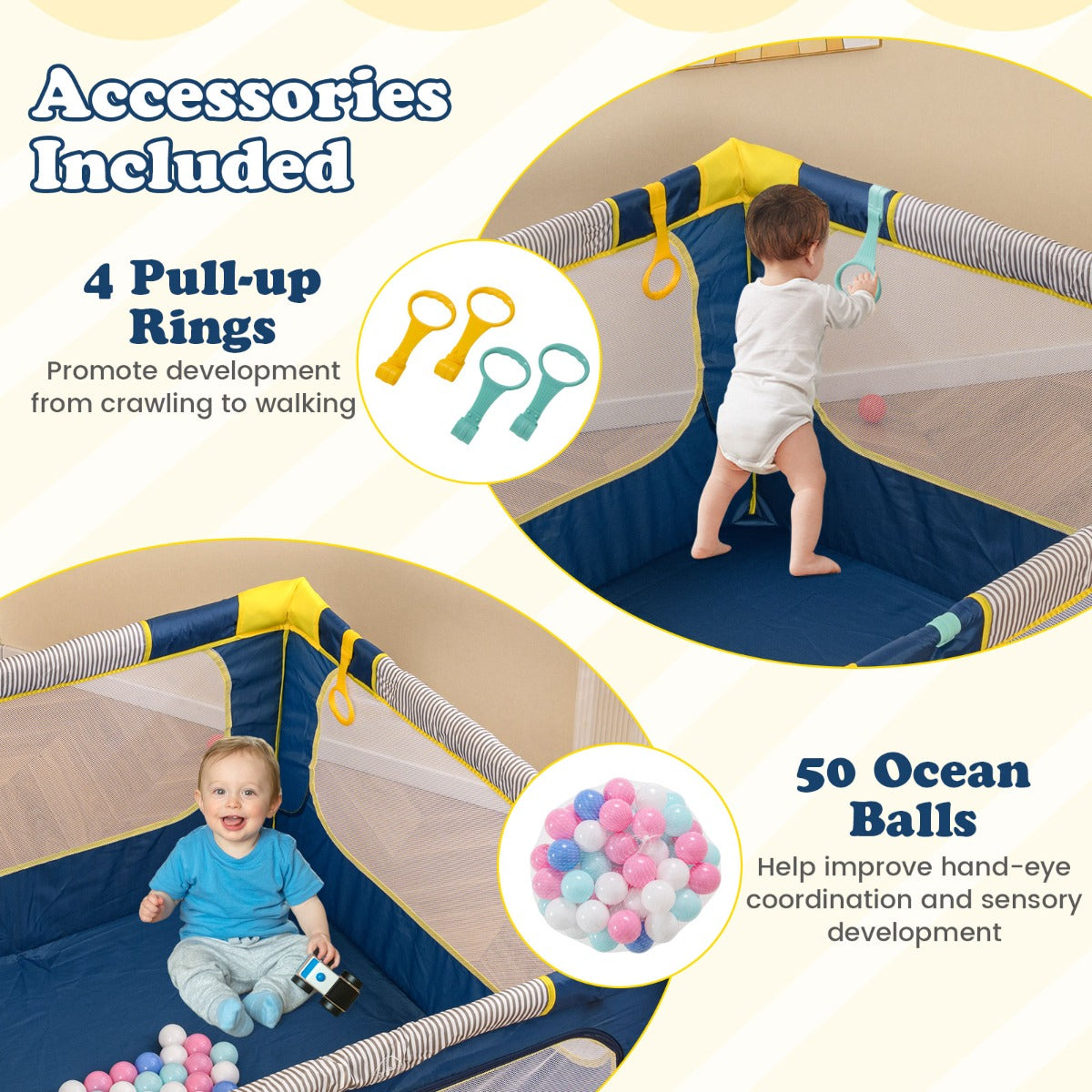 Livsk costway 127 x 127 x 725 cm opvouwbaar babylooprek met 50 ballen 4 handvatten ritsdeur looprek speelrek blauw 6