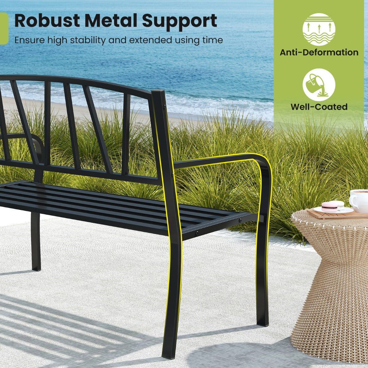 LIVSK Moderne Tuinbank - Robuust Metaal met Ergonomische Zitting - Voor 2-3 Personen - Tot 300 kg - Zwart