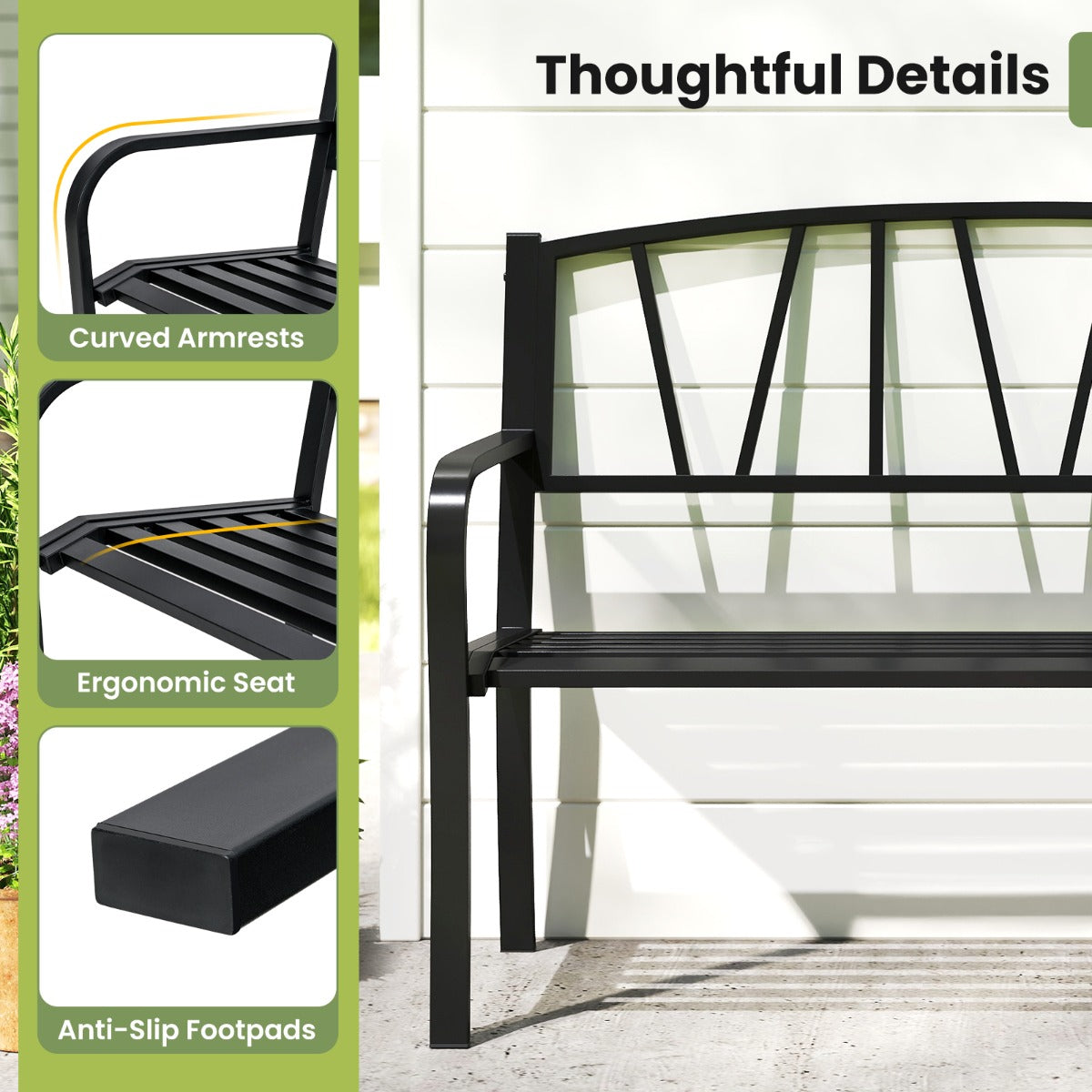 LIVSK Moderne Tuinbank - Robuust Metaal met Ergonomische Zitting - Voor 2-3 Personen - Tot 300 kg - Zwart