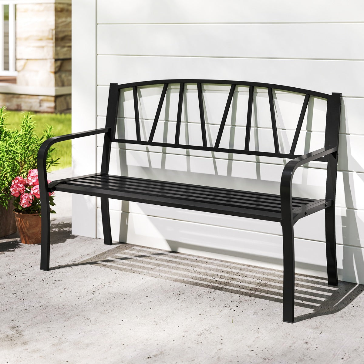LIVSK Moderne Tuinbank - Robuust Metaal met Ergonomische Zitting - Voor 2-3 Personen - Tot 300 kg - Zwart