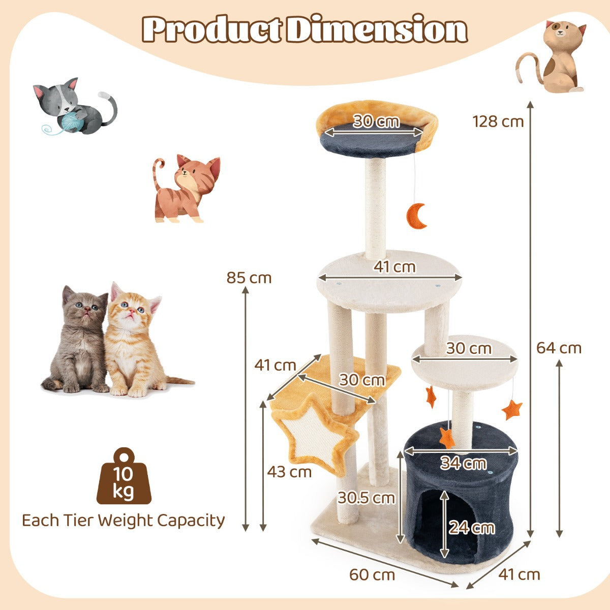 LIVSK Kattentoren met Meerdere Verdiepingen - Zacht Pluche - Krabpalen - Hangende Speeltjes - Tot 10 kg - Beige, Donkergrijs,