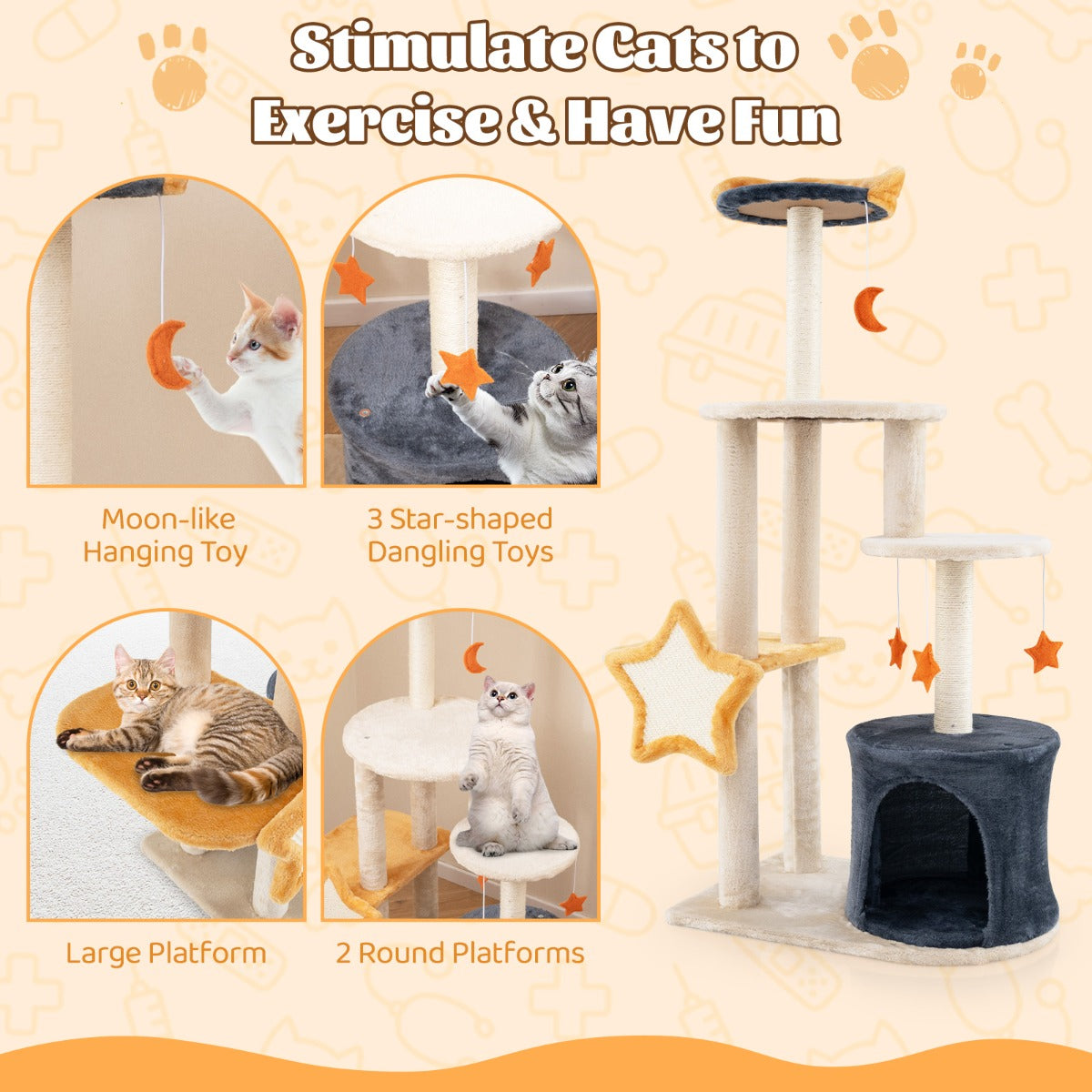 LIVSK Kattentoren met Meerdere Verdiepingen - Zacht Pluche - Krabpalen - Hangende Speeltjes - Tot 10 kg - Beige, Donkergrijs,