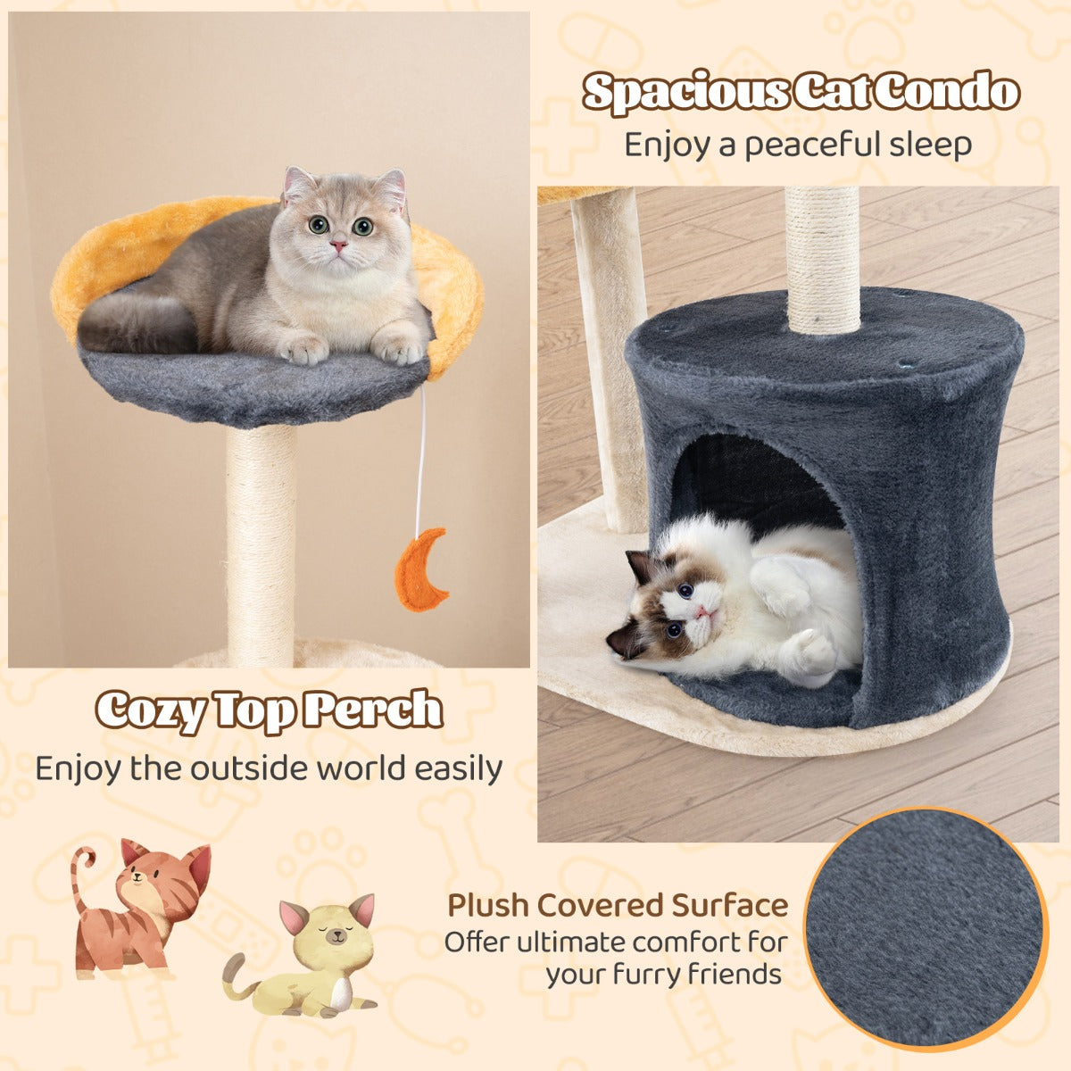 LIVSK Kattentoren met Meerdere Verdiepingen - Zacht Pluche - Krabpalen - Hangende Speeltjes - Tot 10 kg - Beige, Donkergrijs,