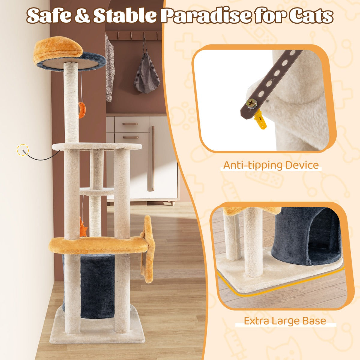 LIVSK Kattentoren met Meerdere Verdiepingen - Zacht Pluche - Krabpalen - Hangende Speeltjes - Tot 10 kg - Beige, Donkergrijs,