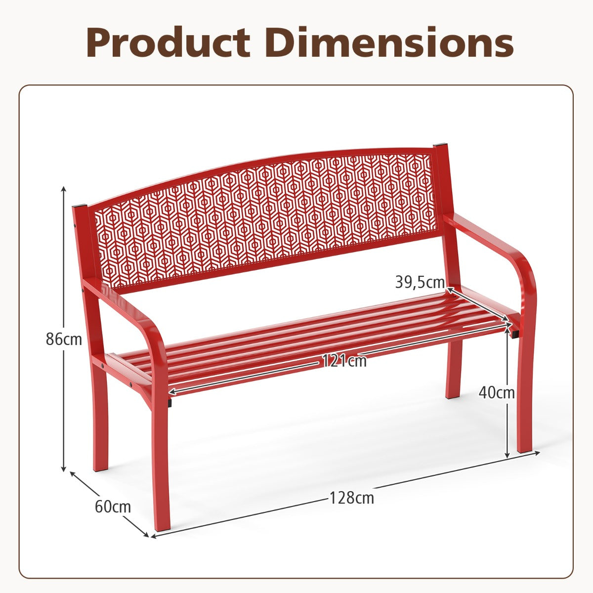 LIVSK Metalen Tuinbank - Stevig Frame - Ergonomisch Ontwerp - Ruime Zitting voor 2-3 Personen - Draagvermogen 300 kg - Rood