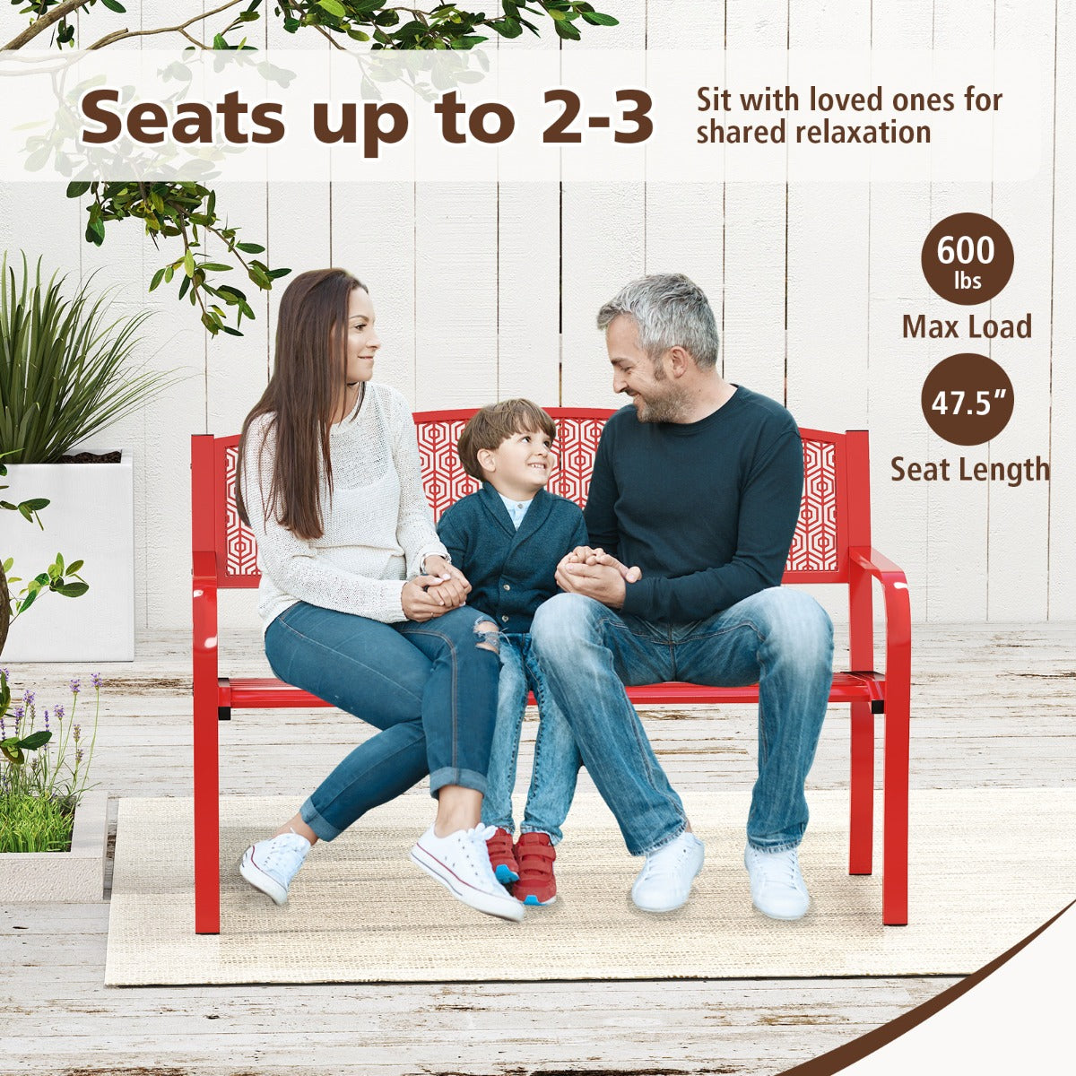 LIVSK Metalen Tuinbank - Stevig Frame - Ergonomisch Ontwerp - Ruime Zitting voor 2-3 Personen - Draagvermogen 300 kg - Rood