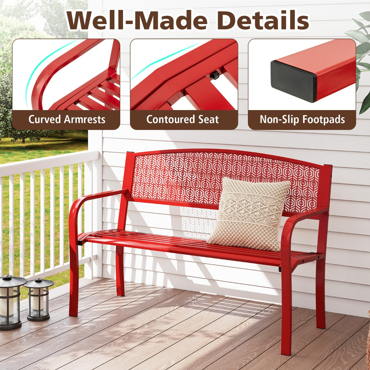 LIVSK Metalen Tuinbank - Stevig Frame - Ergonomisch Ontwerp - Ruime Zitting voor 2-3 Personen - Draagvermogen 300 kg - Rood